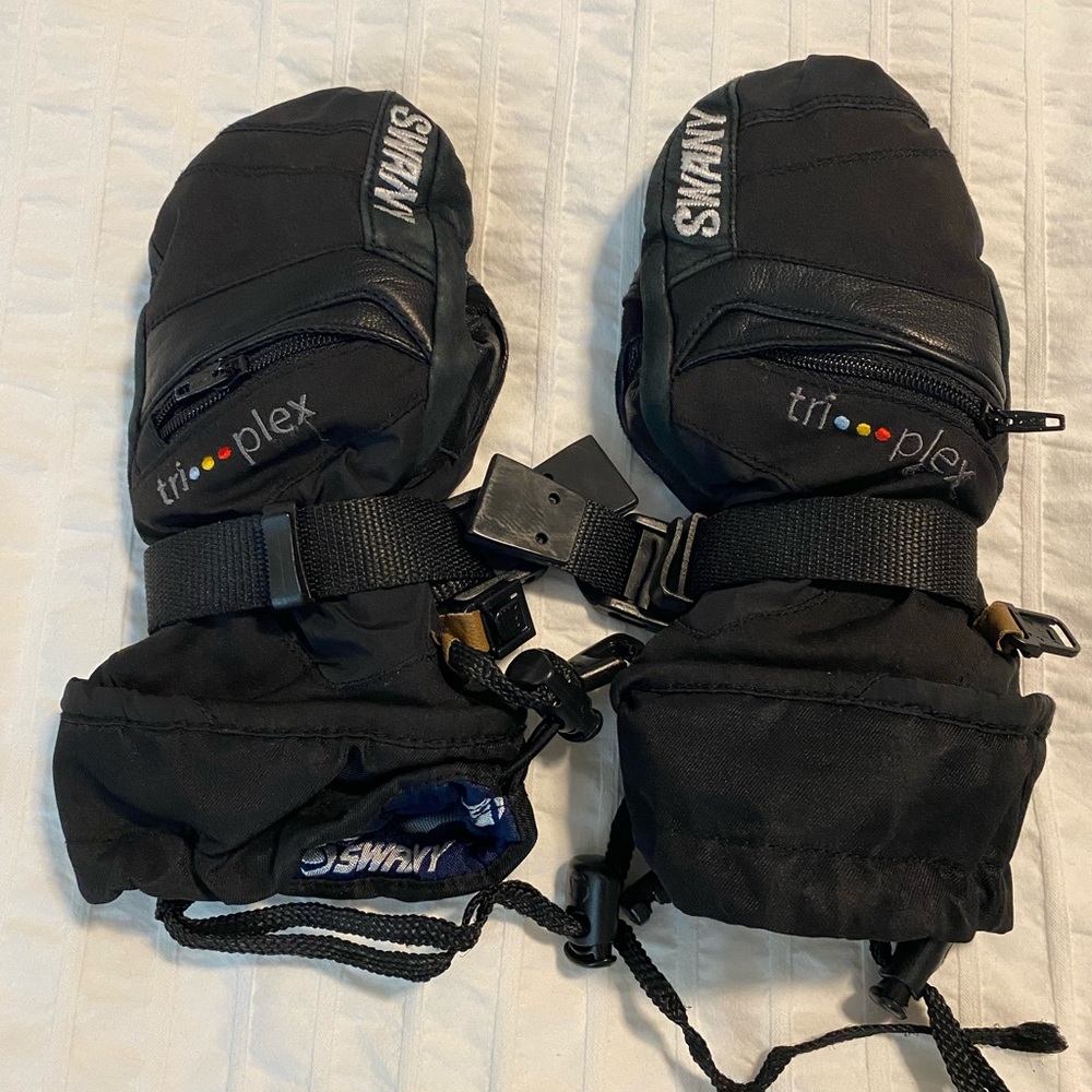 Swany Black Ski Snow Snowboarding Mittens size 3-4 Kids leather waterproof